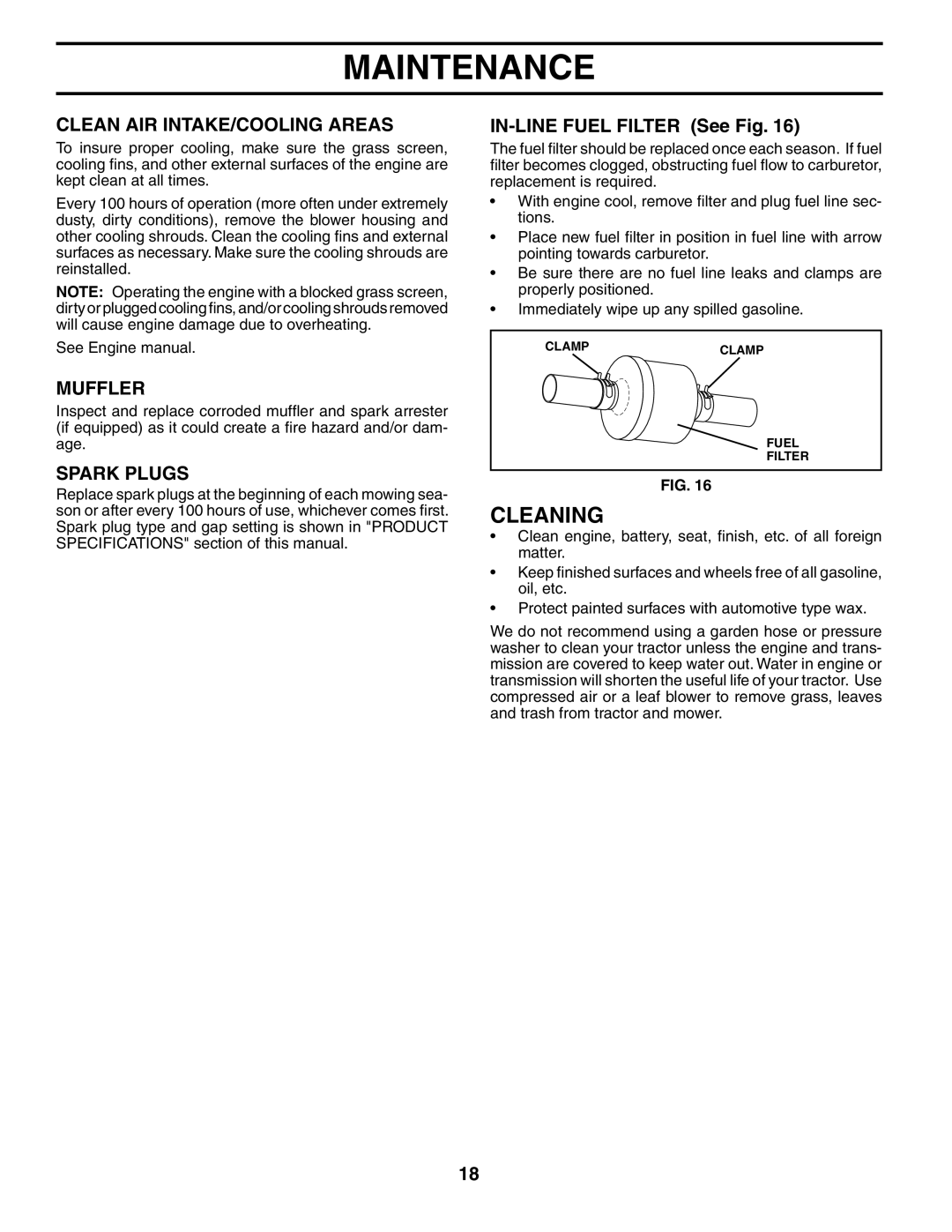 McCulloch MC17542STA manual Cleaning, Clean AIR INTAKE/COOLING Areas, Muffler, Spark Plugs, IN-LINE Fuel Filter See Fig 