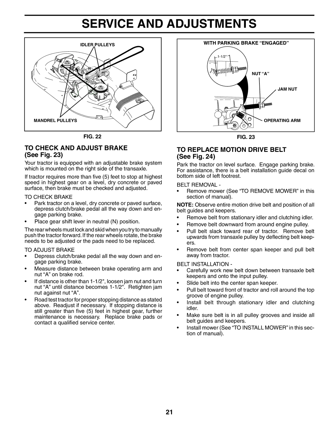 McCulloch MC17542STA manual To Check and Adjust Brake See Fig, To Replace Motion Drive Belt See Fig, To Check Brake 