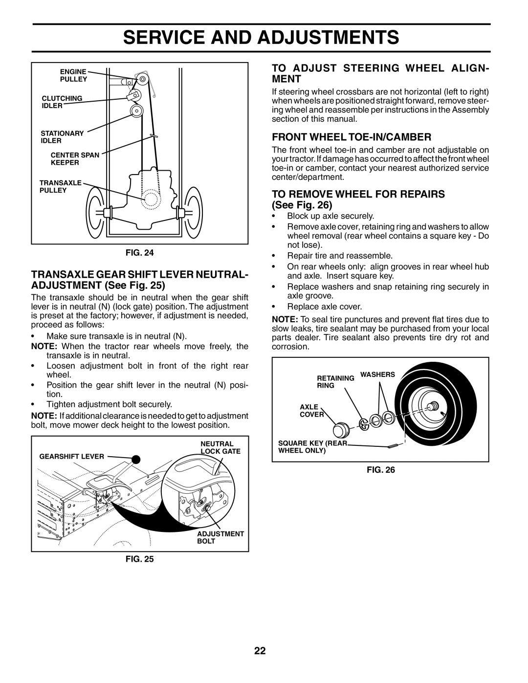 McCulloch MC17542STA manual Transaxle Gear Shift Lever NEUTRAL- Adjustment See Fig, To Adjust Steering Wheel ALIGN- Ment 