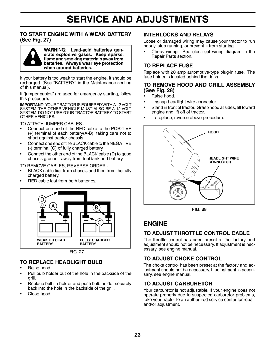 McCulloch MC17542ST Interlocks and Relays, To Replace Fuse, To Adjust Throttle Control Cable, To Replace Headlight Bulb 