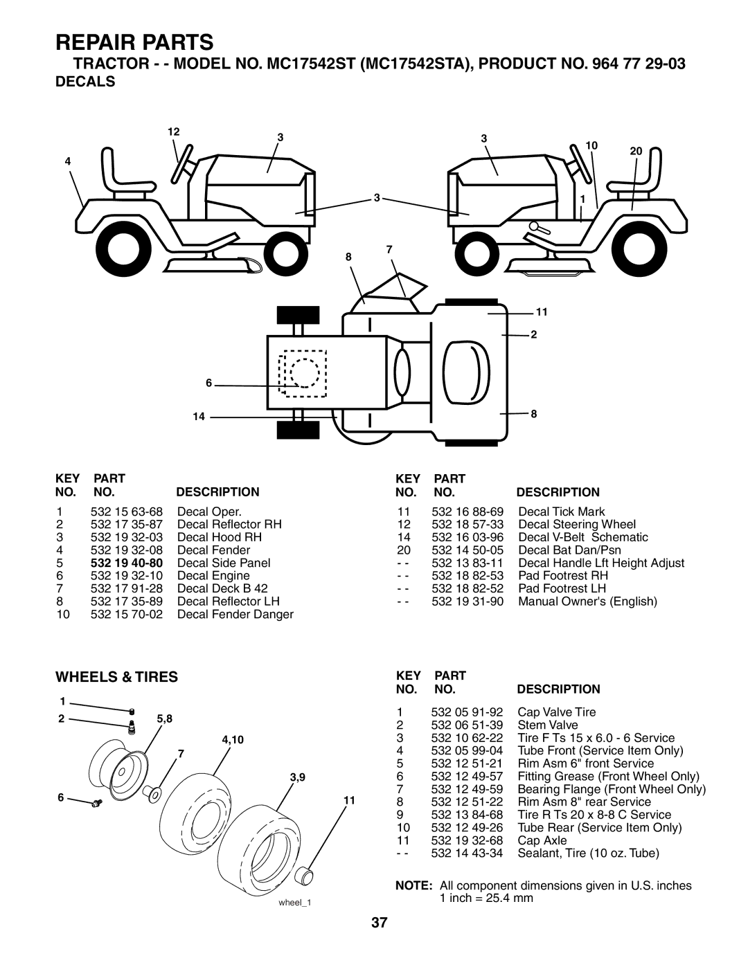 McCulloch MC17542STA manual Decals, Wheels & Tires 