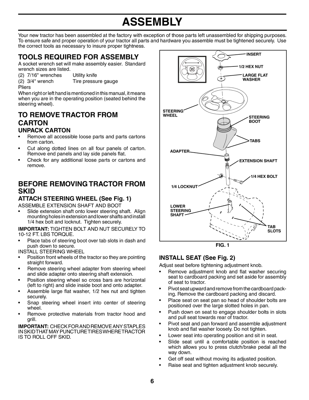 McCulloch MC17542STA Tools Required for Assembly, To Remove Tractor from Carton, Before Removing Tractor from Skid 