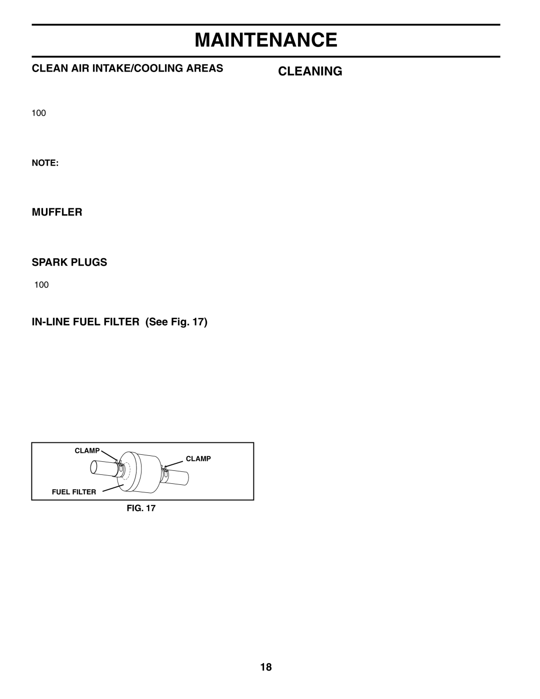 McCulloch MC175H42STA manual Cleaning, Clean AIR INTAKE/COOLING Areas, Muffler, Spark Plugs, IN-LINE Fuel Filter See Fig 