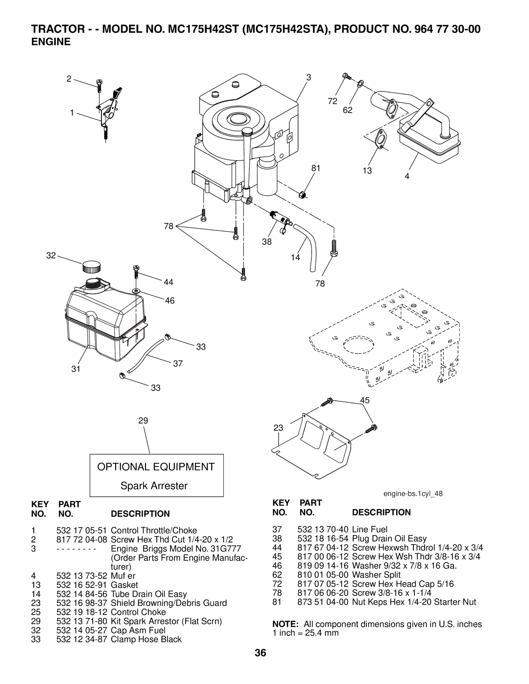 McCulloch MC175H42STA manual Engine Optional Equipment, Spark Arrester 