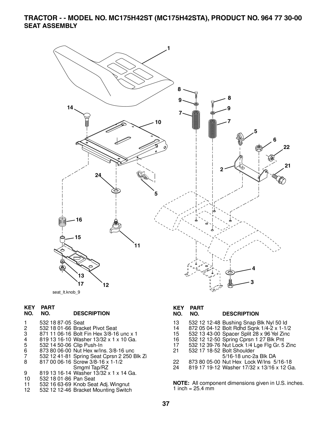 McCulloch MC175H42STA manual Seat Assembly 