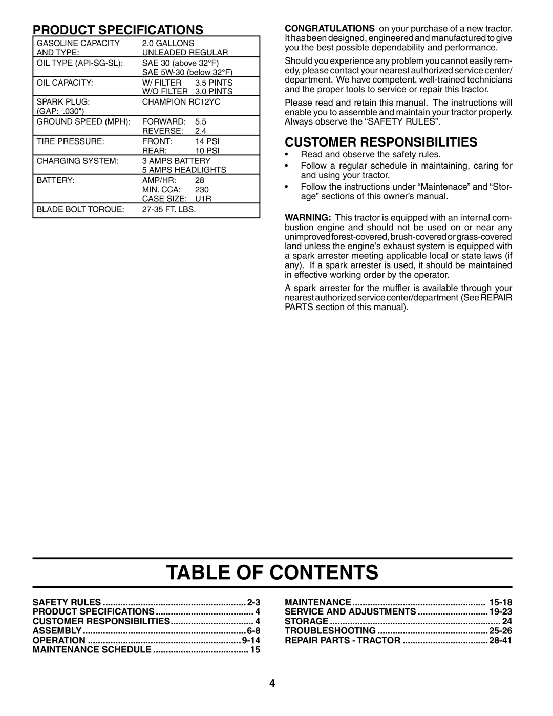 McCulloch MC175H42STA manual Table of Contents 