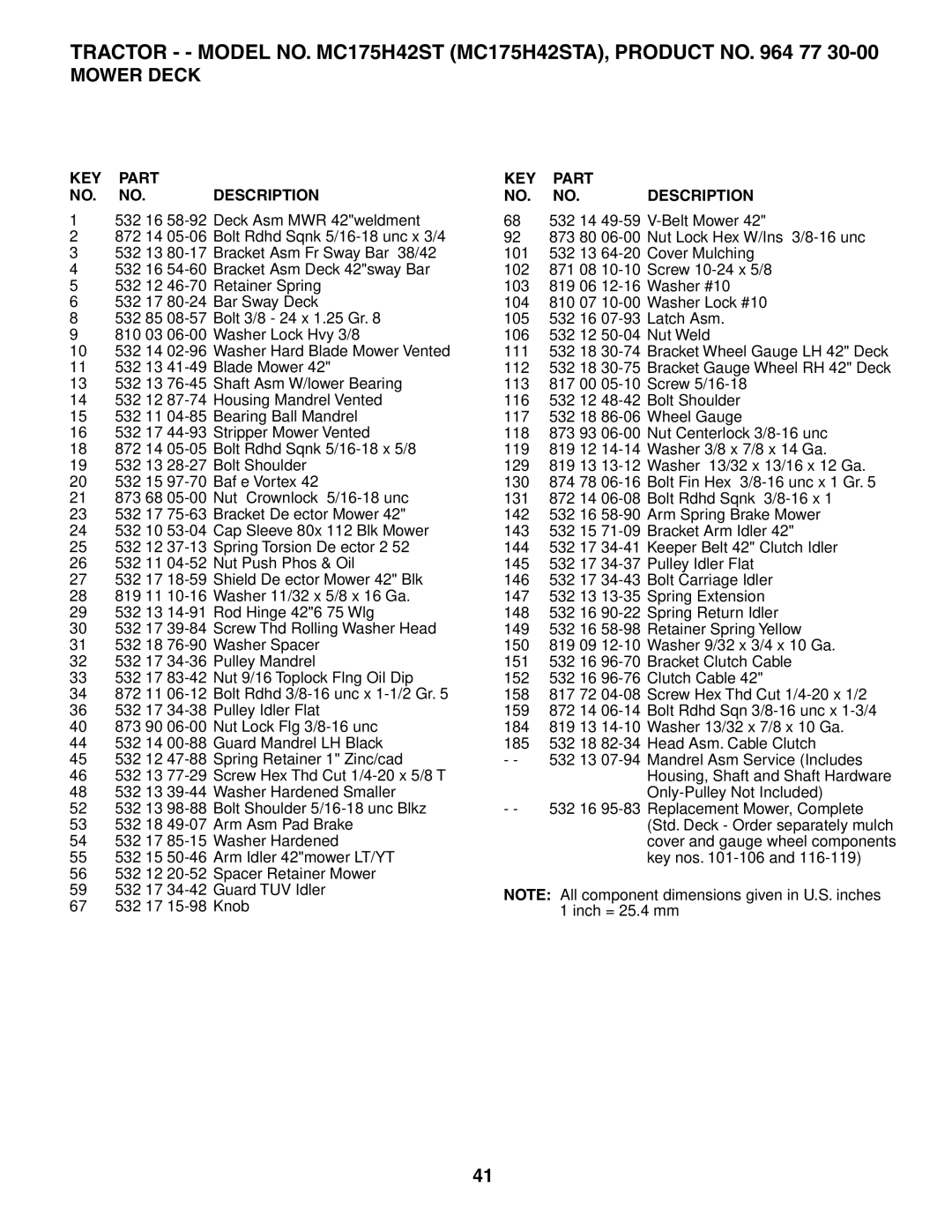 McCulloch MC175H42STA manual KEY Part NO. NO. Description 