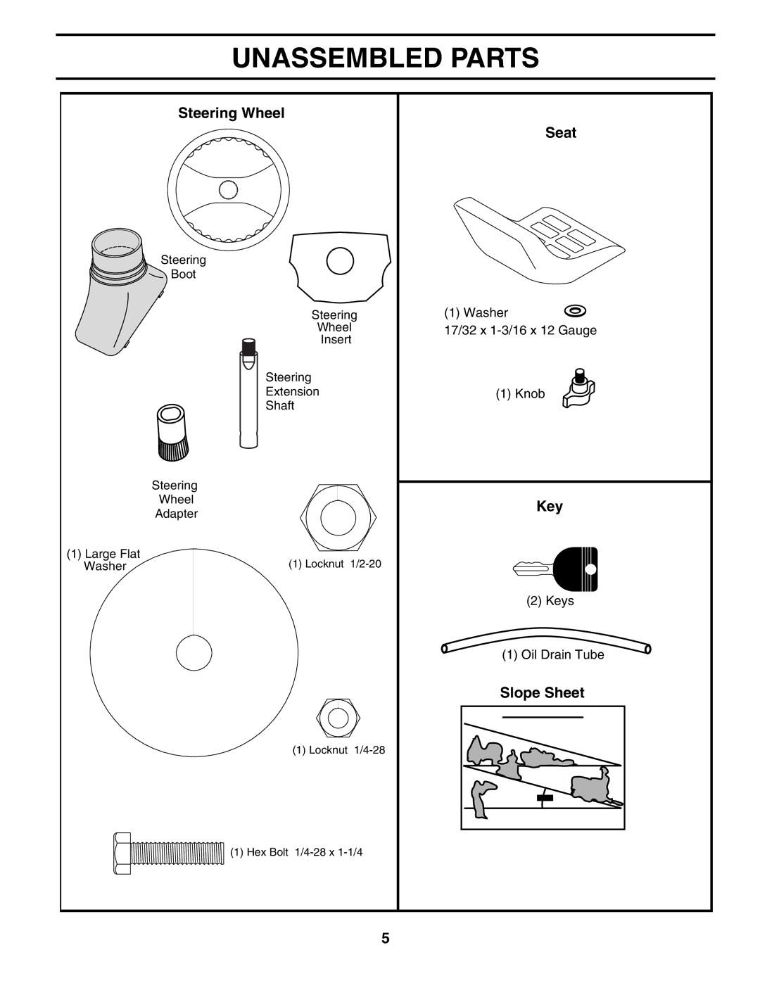 McCulloch MC175H42STA manual Unassembled Parts, Steering Wheel Seat, Key, Slope Sheet 