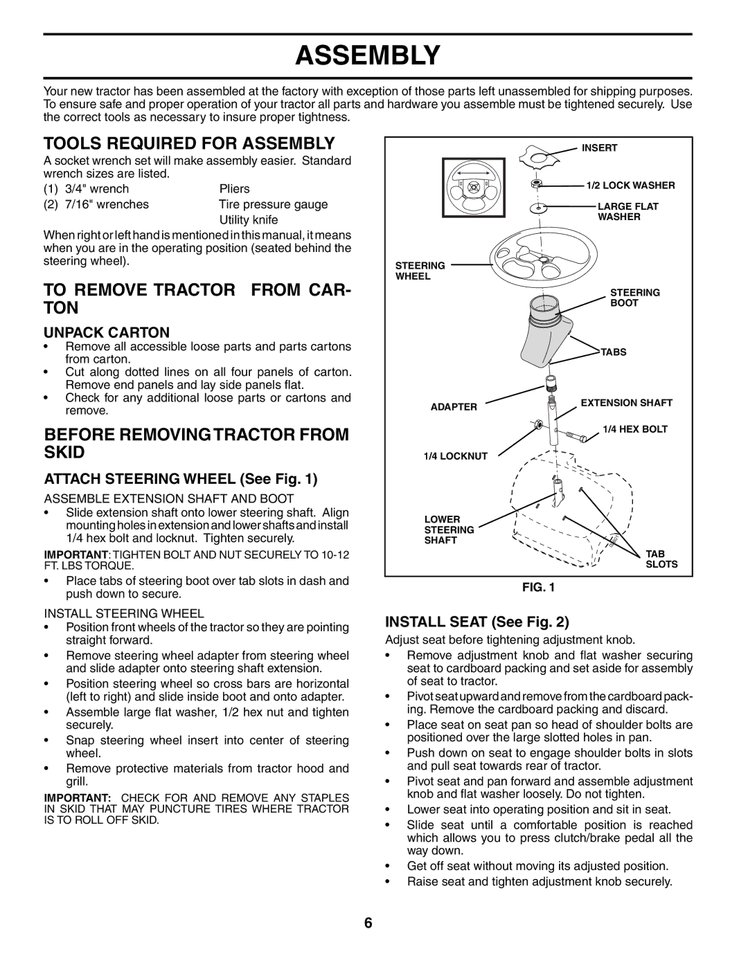 McCulloch MC175H42STA Tools Required for Assembly, To Remove Tractor from CAR- TON, Before Removing Tractor from Skid 