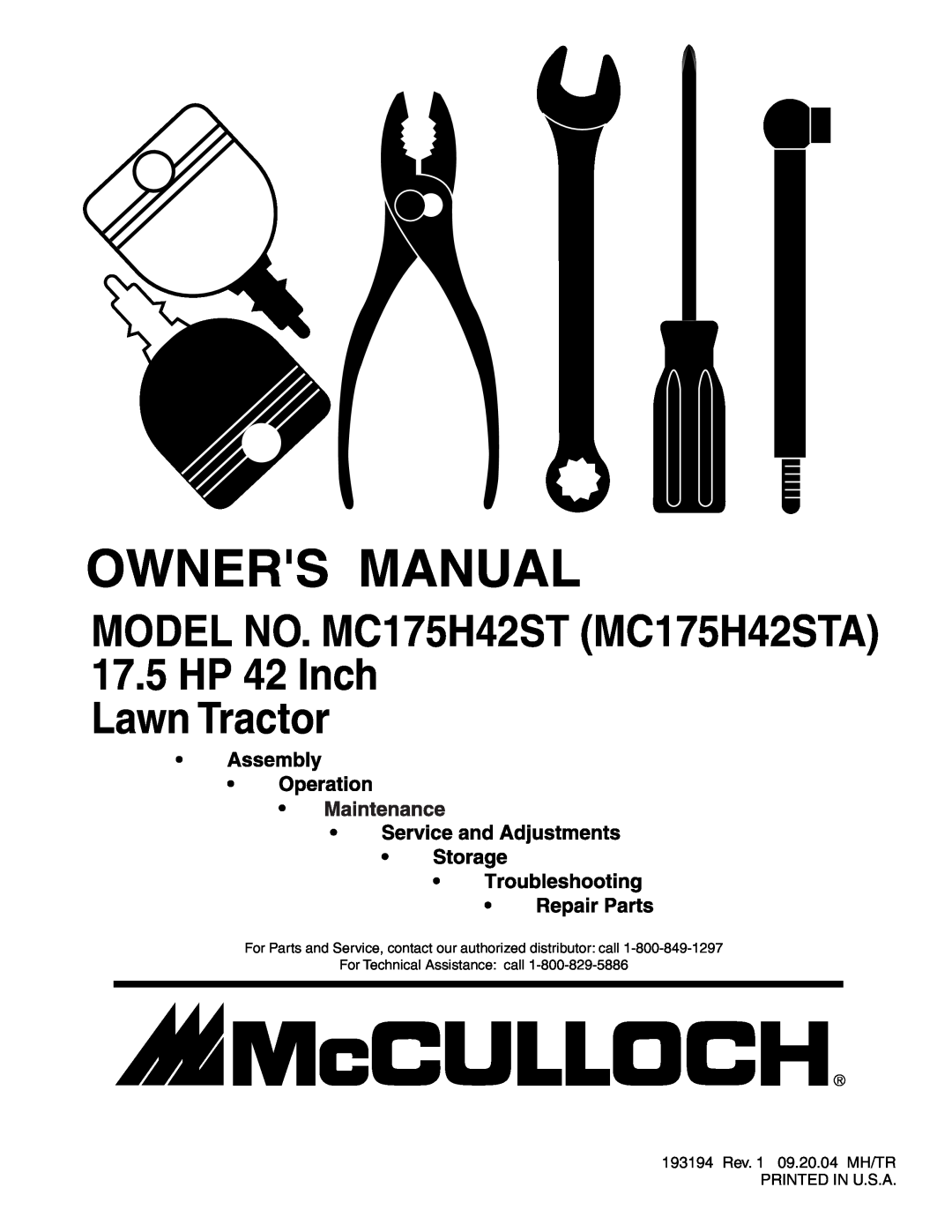 McCulloch manual 17.5 HP 42 Inch Lawn Tractor, MODEL NO. MC175H42ST MC175H42STA 