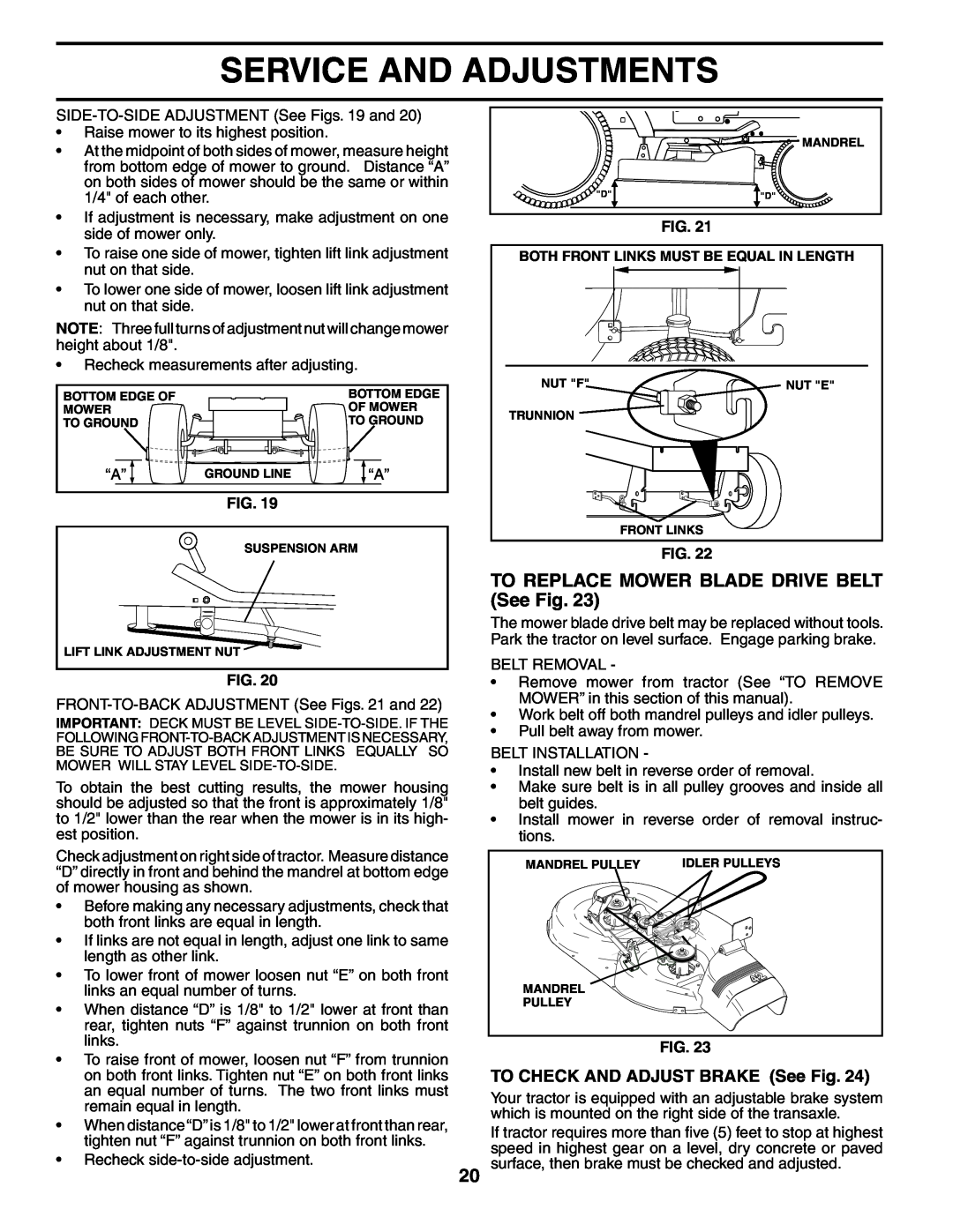 McCulloch MC175H42STA manual TO REPLACE MOWER BLADE DRIVE BELT See Fig, Service And Adjustments 