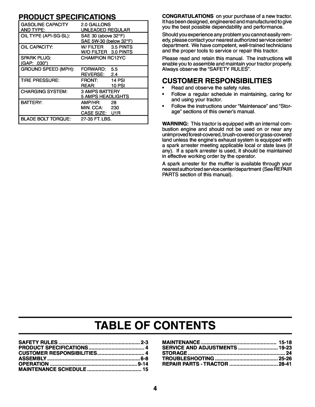 McCulloch MC175H42STA manual Table Of Contents, Product Specifications, Customer Responsibilities 