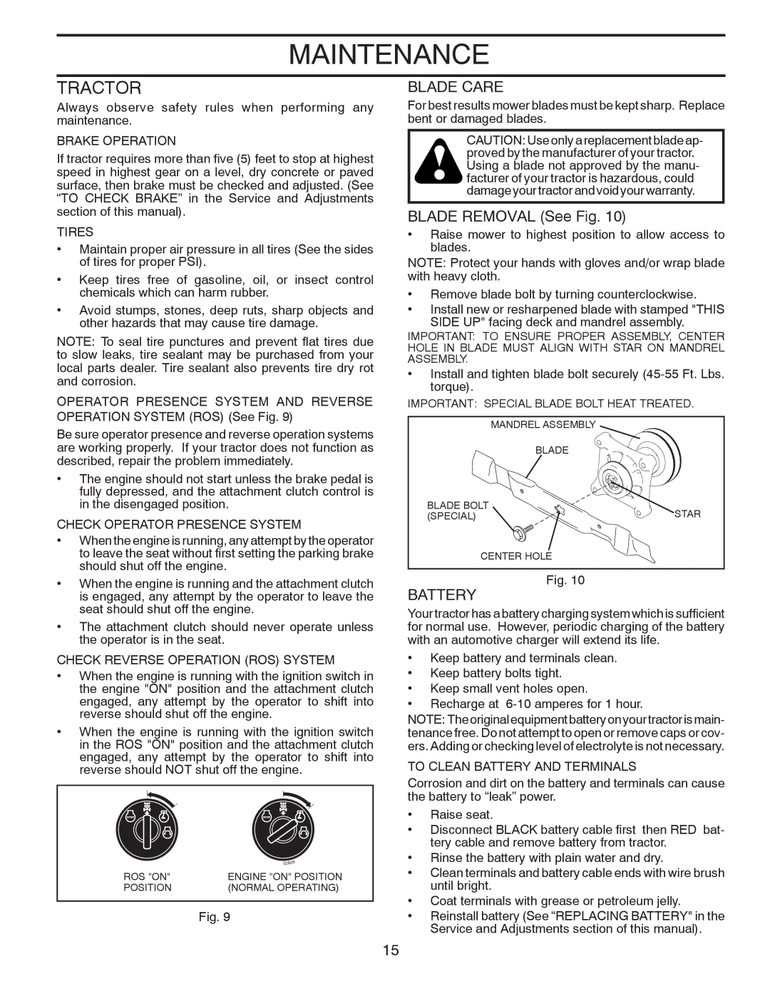 McCulloch MC18542LT, 96012010400, 532 43 27-66 manual Tractor, Blade Care, Blade Removal See Fig, Battery 