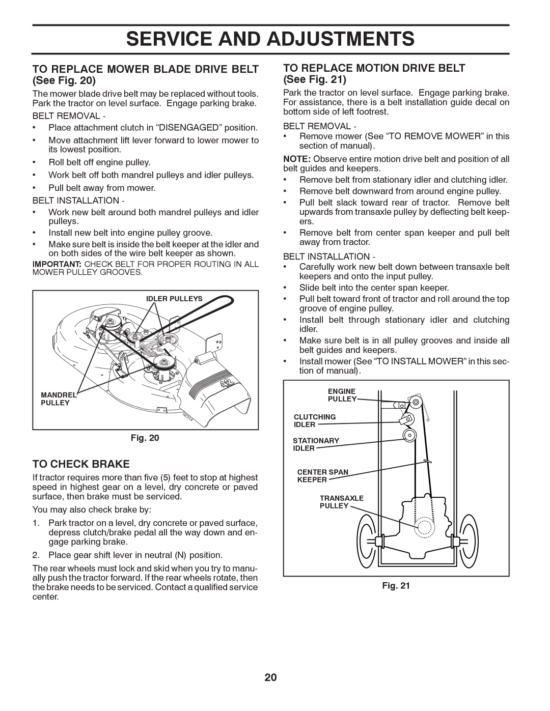 McCulloch 532 43 27-66 To Replace Mower Blade Drive Belt See Fig, To Check Brake, To Replace Motion Drive Belt See Fig 