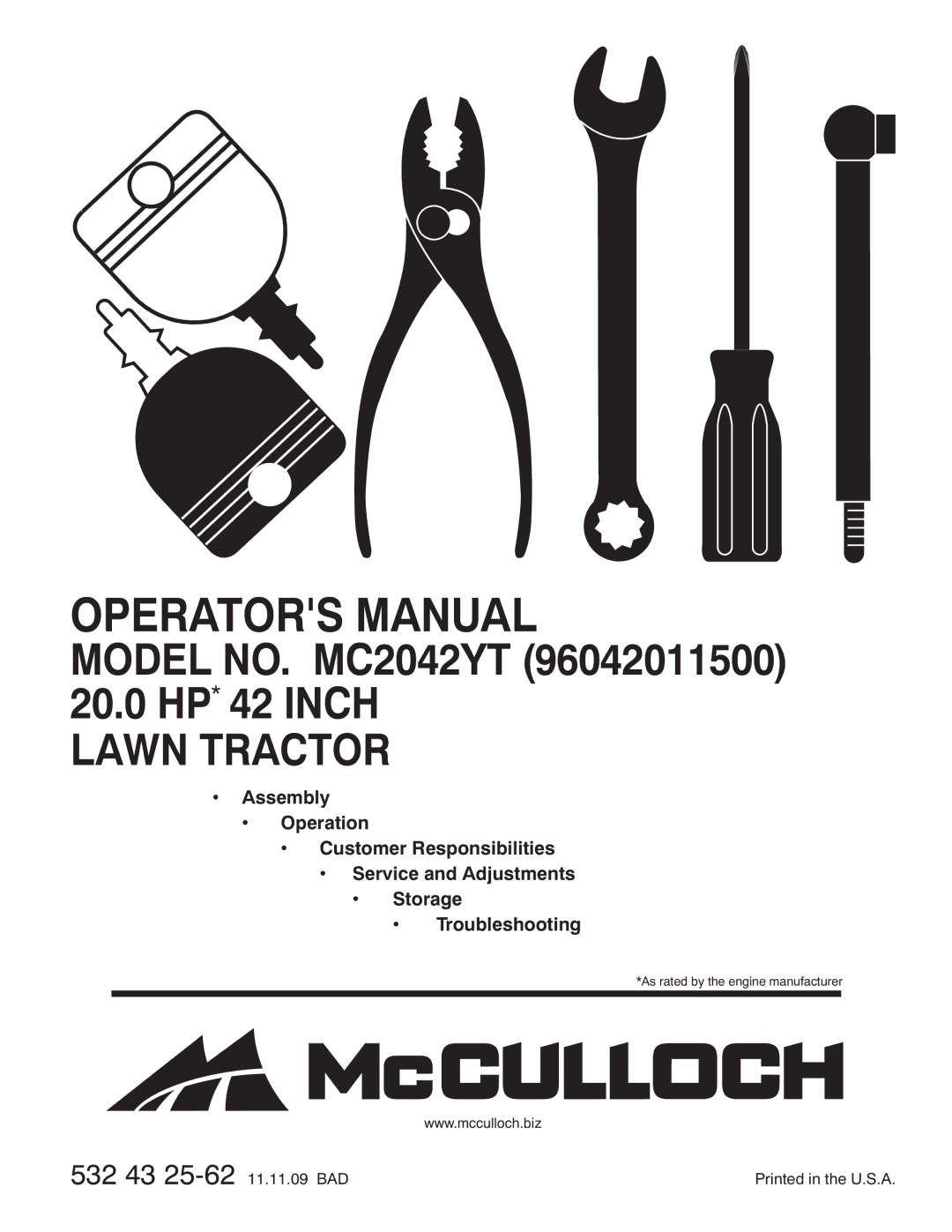 McCulloch MC2042YT (96042011500) manual Operators Manual 