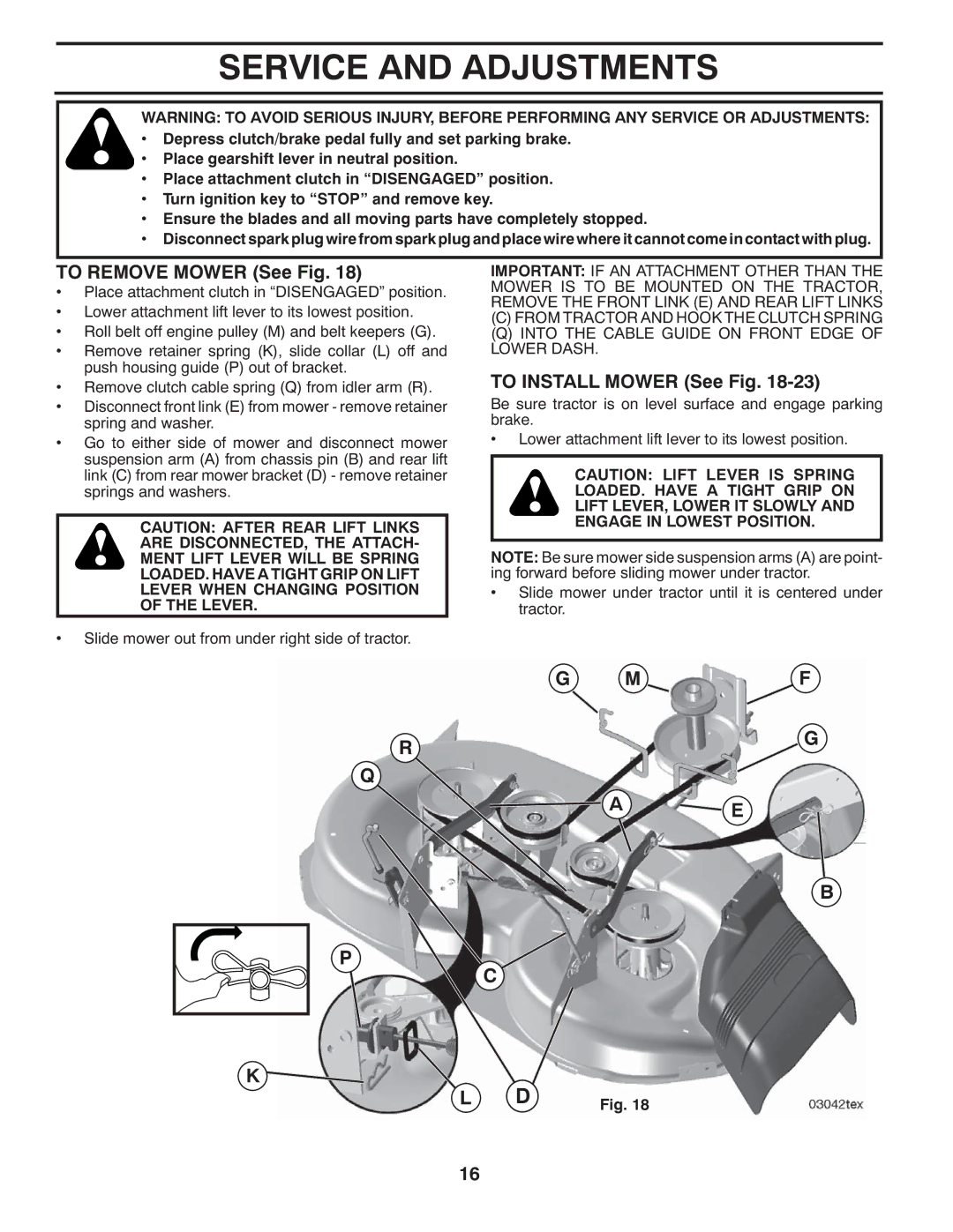 McCulloch MC2042YT (96042011500) manual Service and Adjustments, To Remove Mower See Fig, To Install Mower See Fig 