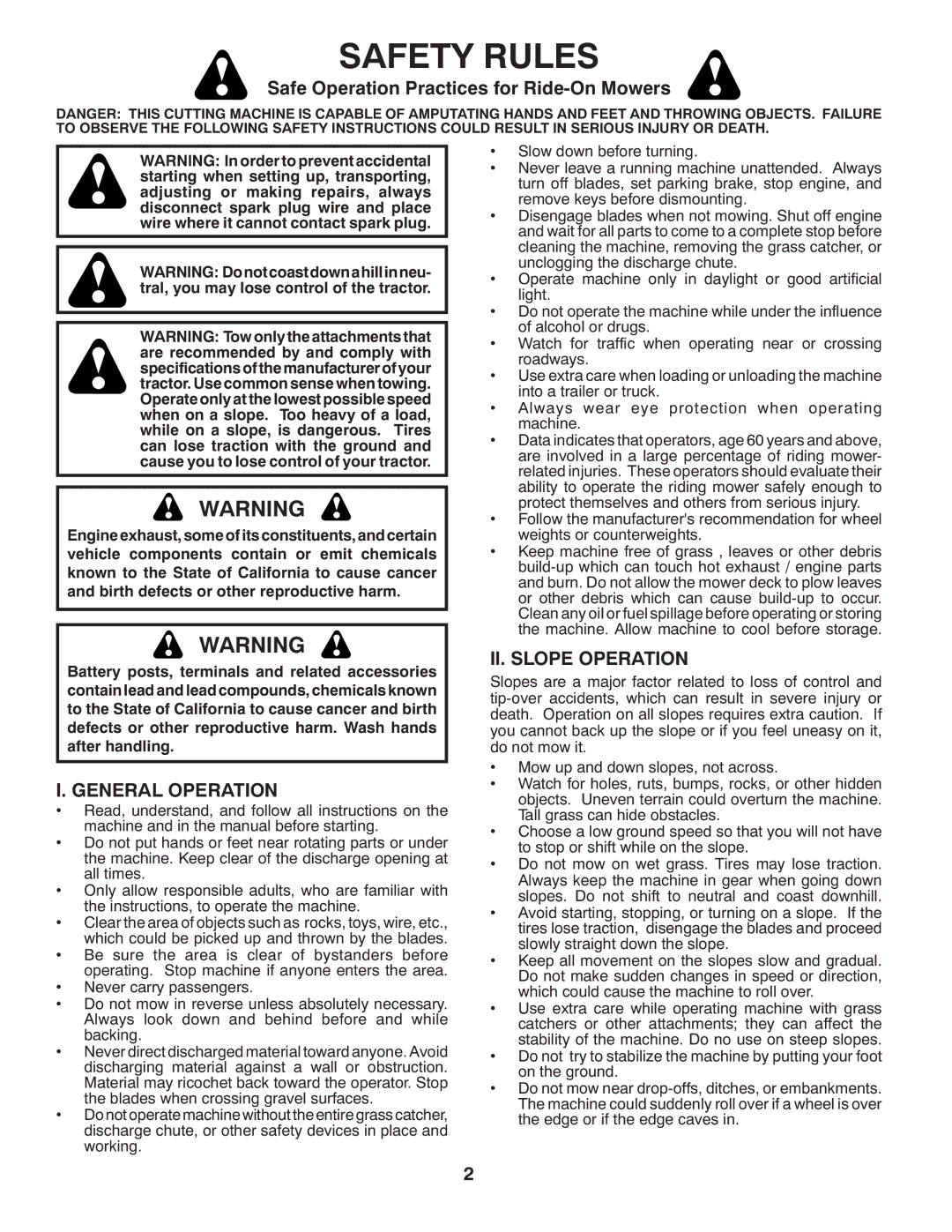 McCulloch MC2042YT (96042011500) manual Safety Rules, Safe Operation Practices for Ride-On Mowers, General Operation 