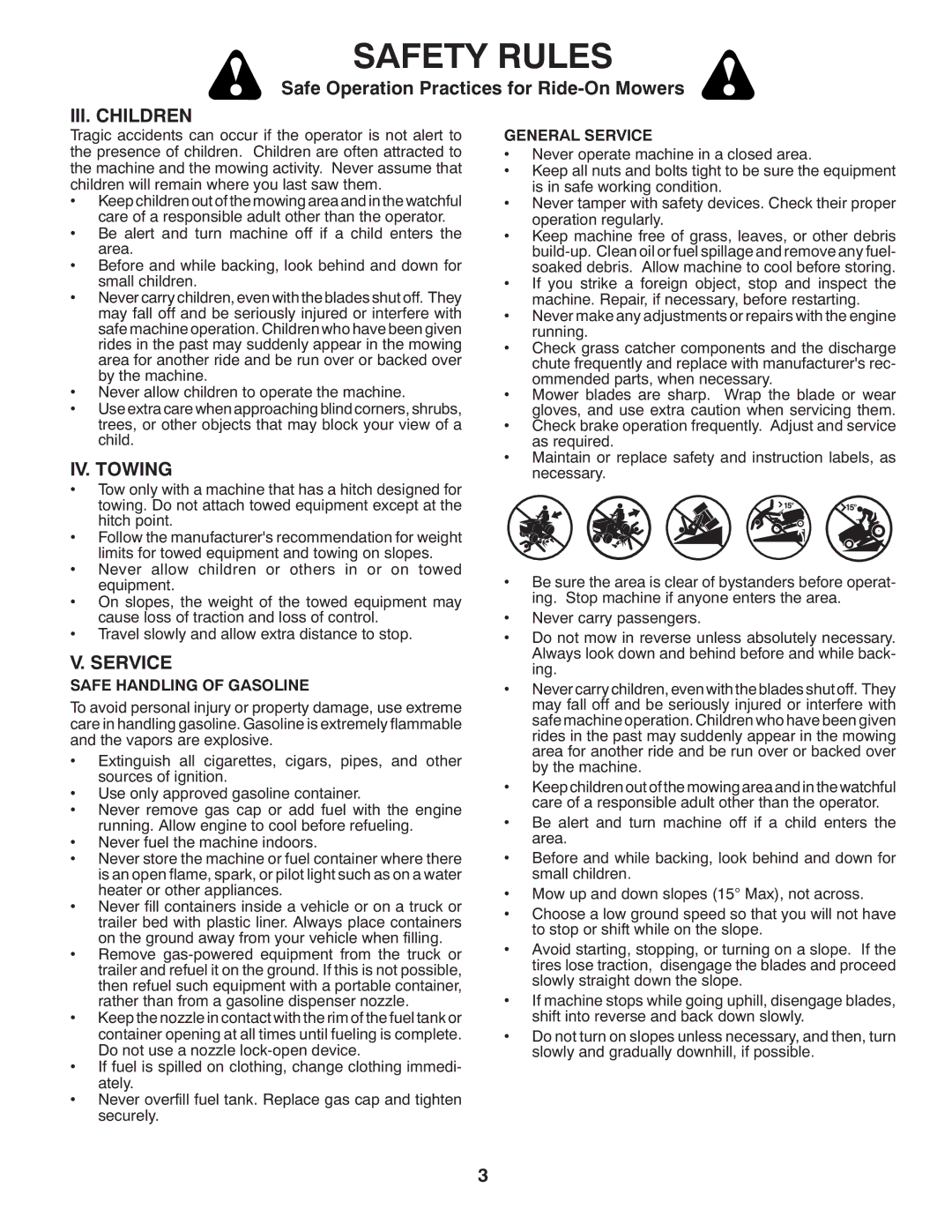 McCulloch MC2042YT (96042011500) manual III. Children, IV. Towing, Safe Handling of Gasoline, General Service 