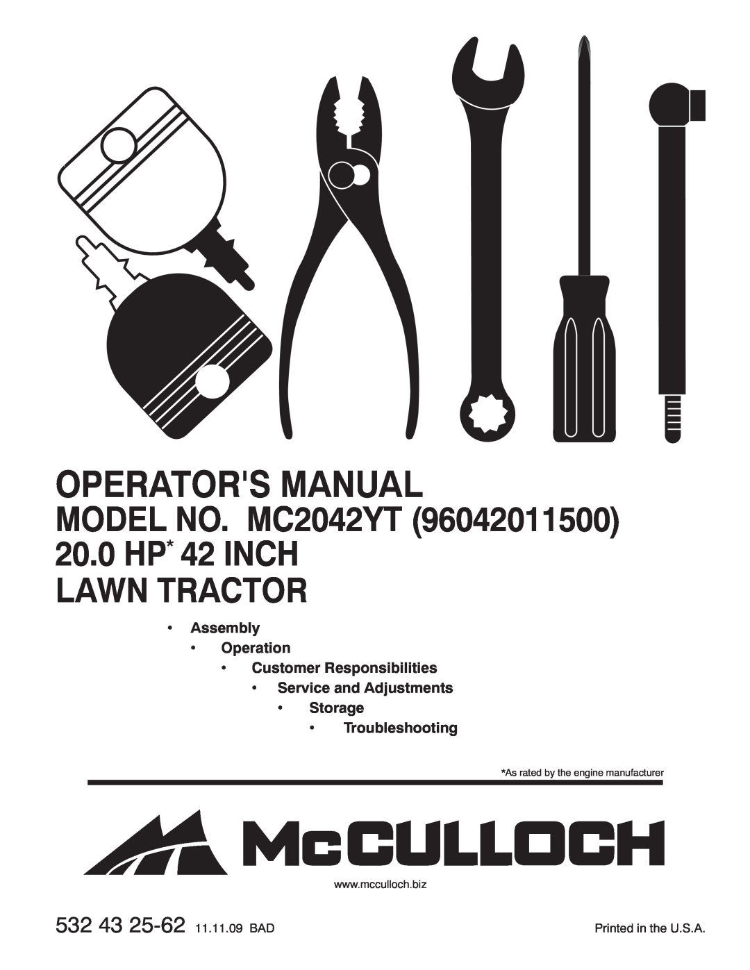 McCulloch MC2042YT (96042011500) manual Assembly Operation Customer Responsibilities Service and Adjustments 
