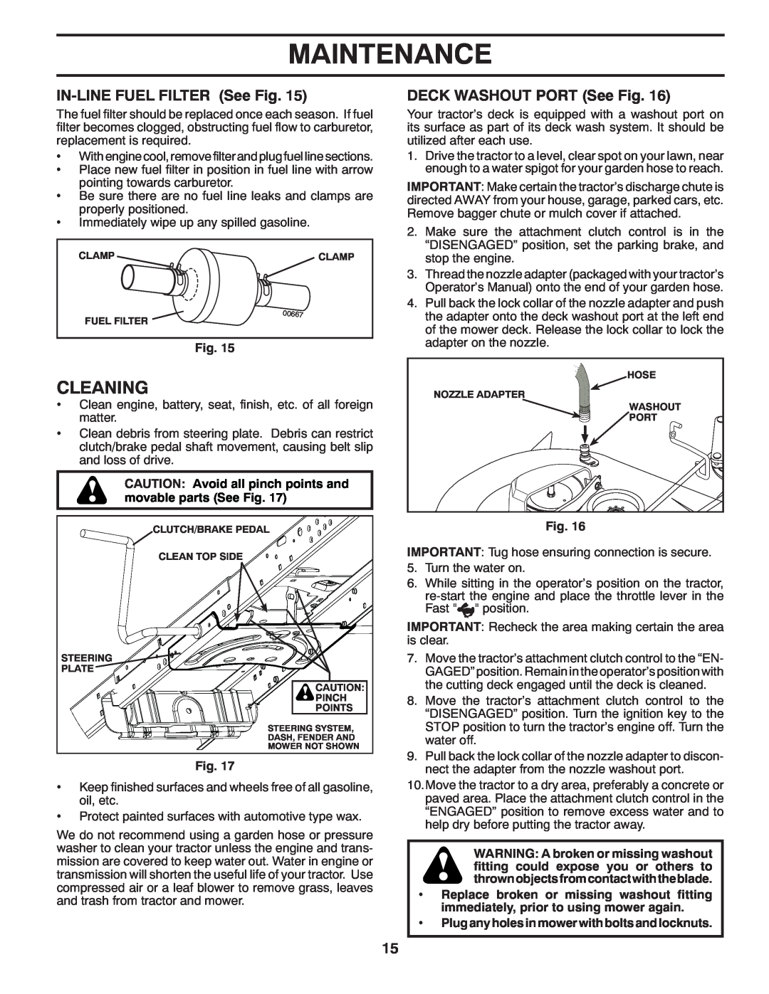 McCulloch MC2042YT (96042011500) manual Cleaning, IN-LINE FUEL FILTER See Fig, DECK WASHOUT PORT See Fig, Maintenance 