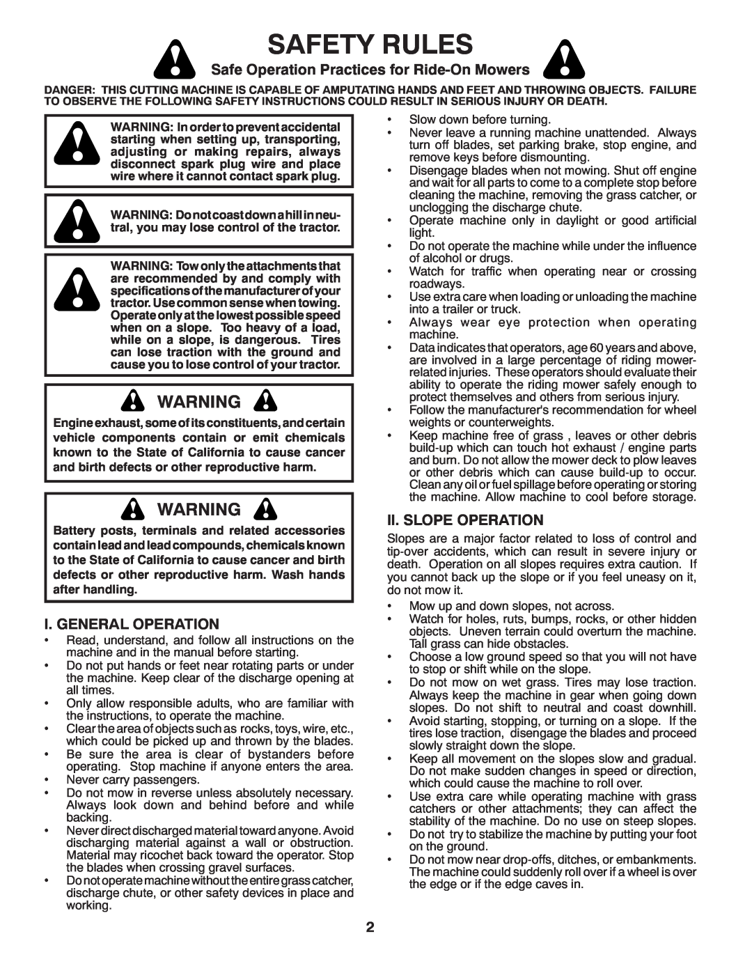 McCulloch MC2042YT (96042011500) manual Safety Rules, Safe Operation Practices for Ride-On Mowers, I. General Operation 