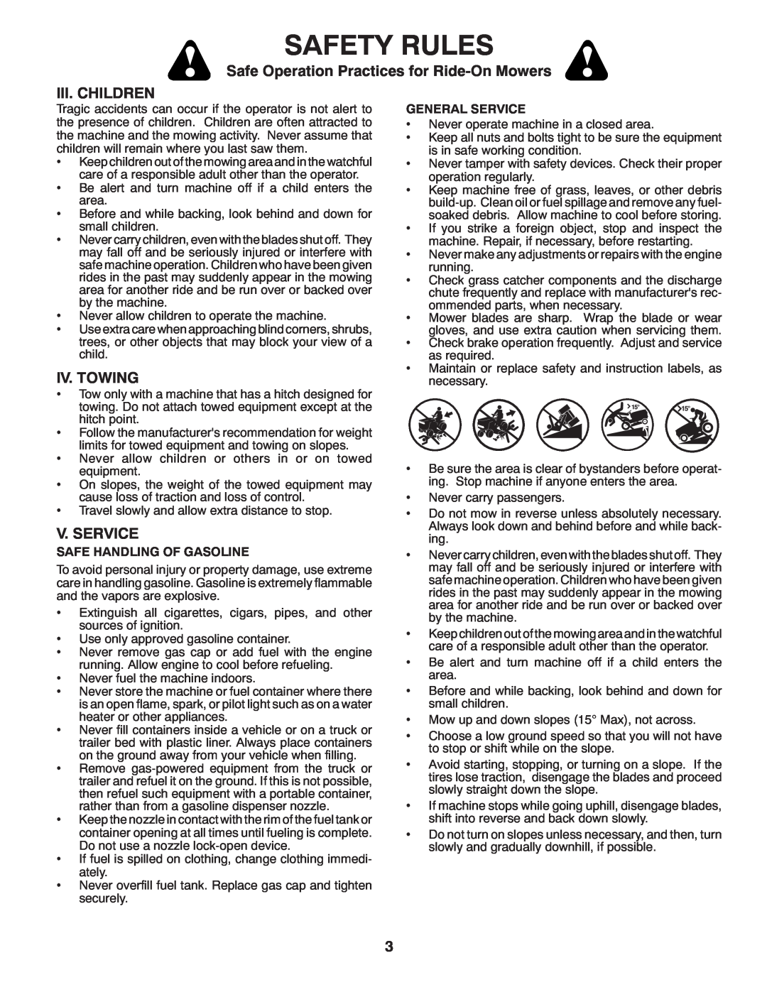McCulloch MC2042YT (96042011500) manual Safe Operation Practices for Ride-On Mowers III. CHILDREN, Iv. Towing, V. Service 