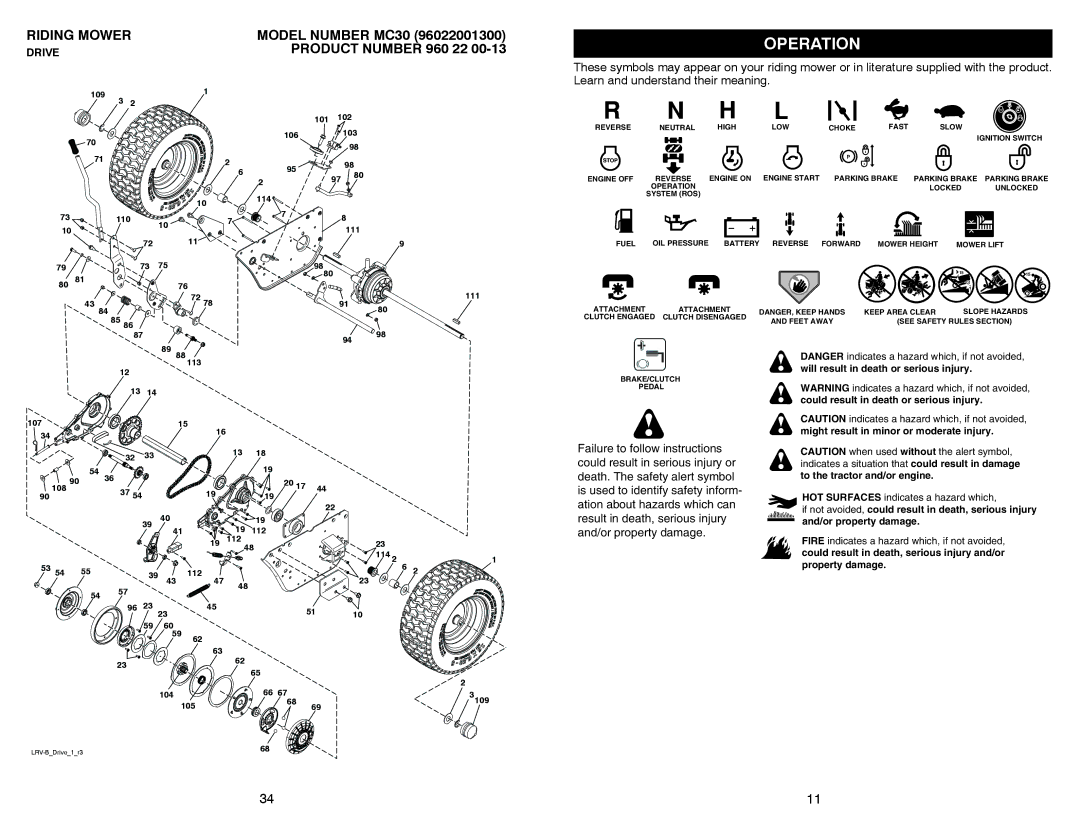 McCulloch MC30 manual Operation, 89 88 107 111 