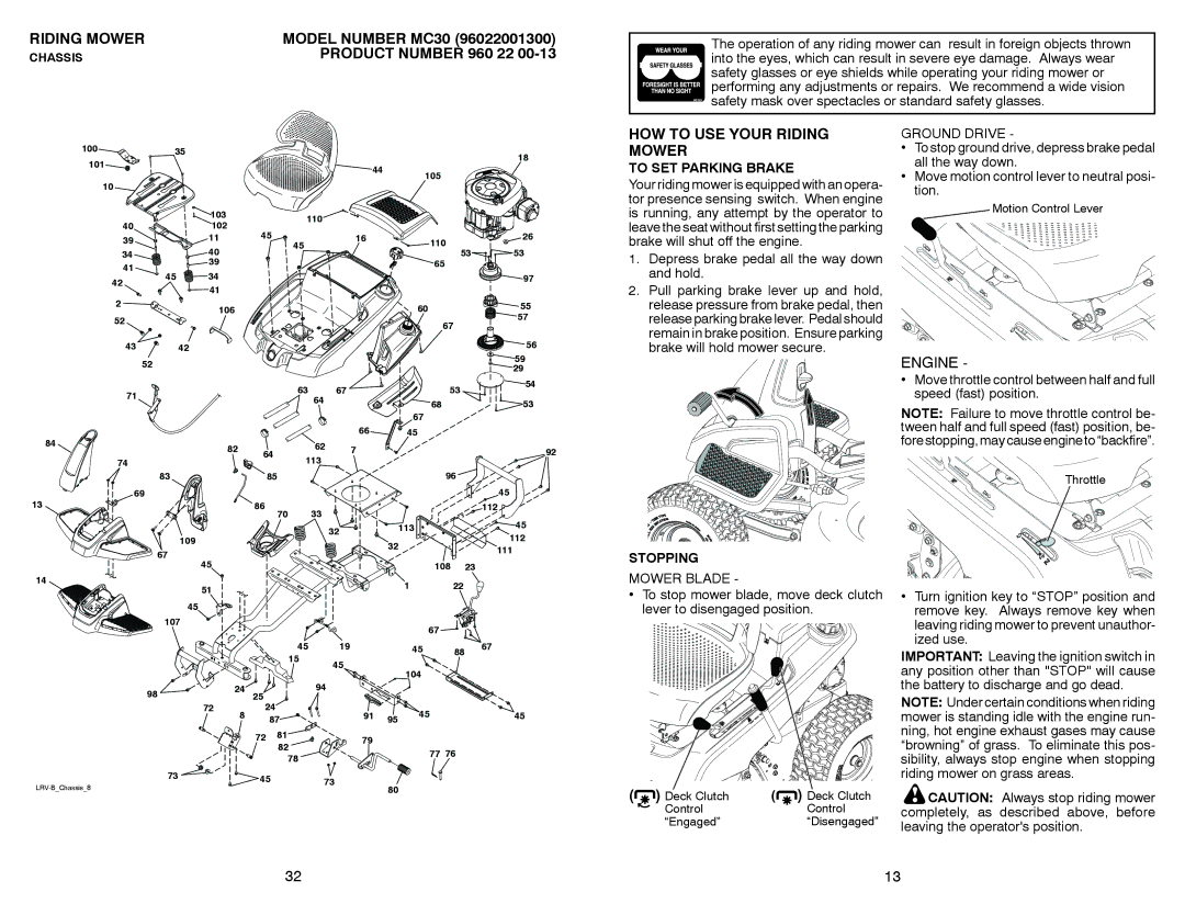 McCulloch MC30 manual HOW to USE Your Riding Mower, To SET Parking Brake, Ground Drive, Stopping, Mower Blade 