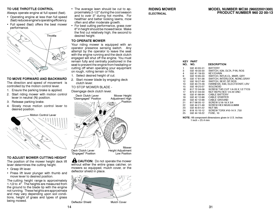 McCulloch MC30 manual To USE Throttle Control, To Move Forward and Backward, To Operate Mower, To Stop Mower Blade 