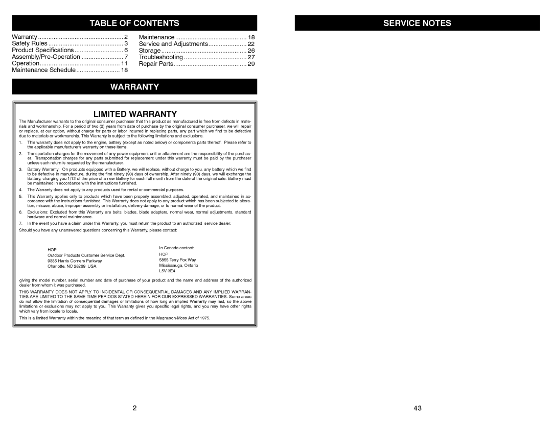 McCulloch MC30 manual Table of Contents, Warranty, Service Notes 