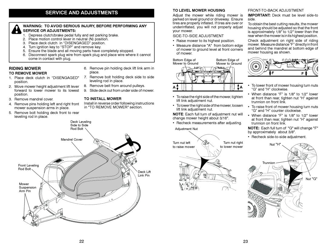 McCulloch MC30 manual Service and Adjustments, To Level Mower Housing, To Remove Mower, To Install Mower 