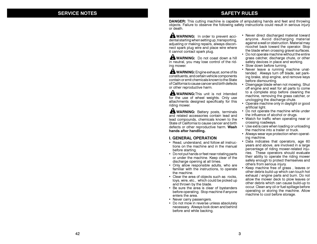 McCulloch MC30 manual Service Notes Safety Rules, General Operation, Always wear eye protection when operat- ing machine 