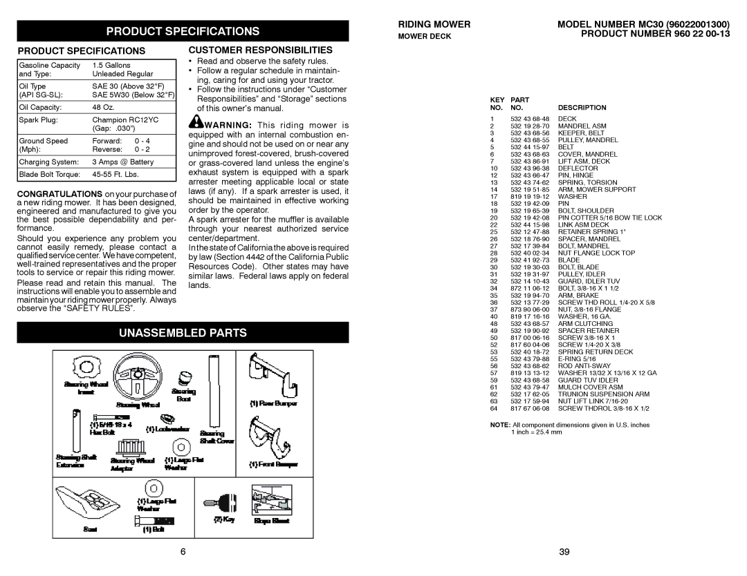 McCulloch MC30 Product Specifications, Unassembled Parts, Customer Responsibilities, Read and observe the safety rules 