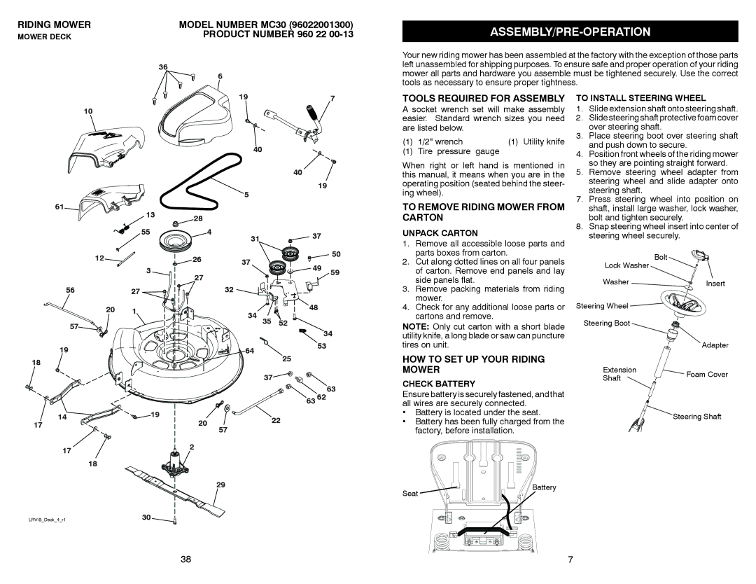 McCulloch MC30 manual Assembly/Pre-Operation, Tools Required for Assembly, To Remove Riding Mower from, Carton 