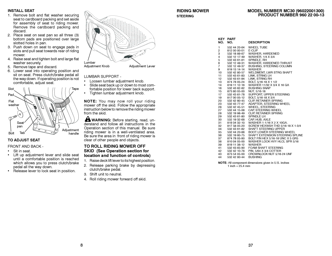 McCulloch MC30 manual Install Seat, To Adjust Seat, Front and Back, Lumbar Support 