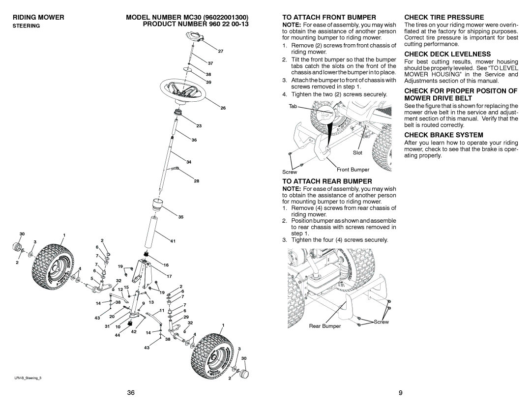 McCulloch MC30 manual To Attach Front Bumper, Check Tire Pressure, To Attach Rear Bumper, Check Deck Levelness 