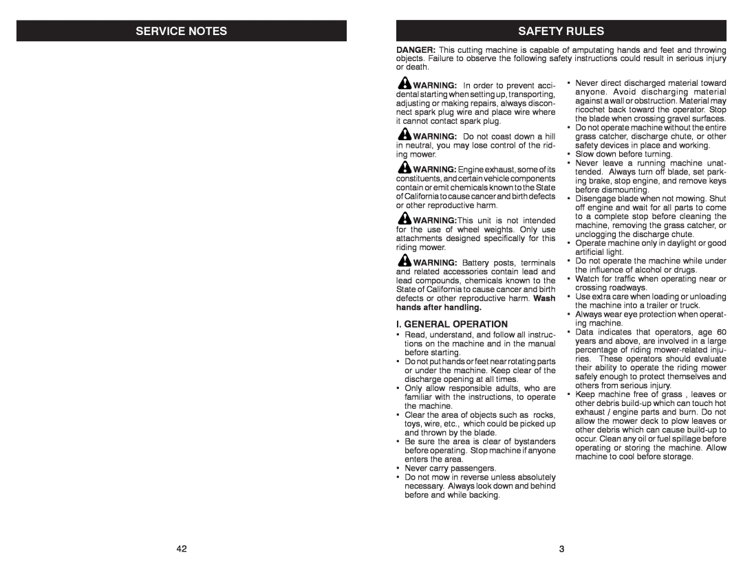 McCulloch MC30 manual Safety Rules, I. General Operation, Service Notes, hands after handling 