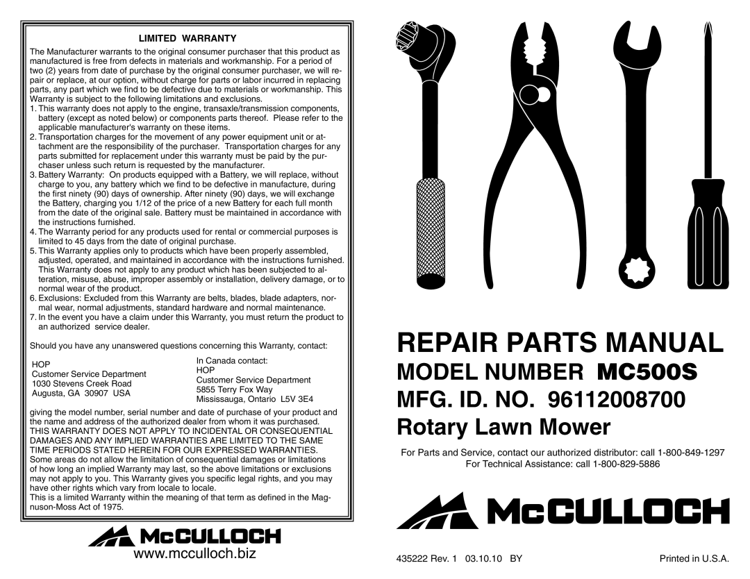 McCulloch MC500S warranty Repair Parts Manual, Limited Warranty, For Technical Assistance call, 435222 Rev. 1 03.10.10 BY 