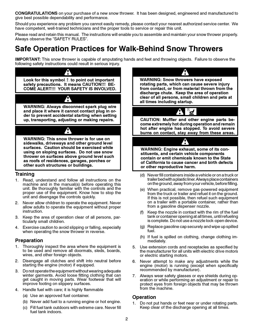 McCulloch MC621, 96182000500 owner manual Safe Operation Practices for Walk-Behind Snow Throwers, Training, Preparation 