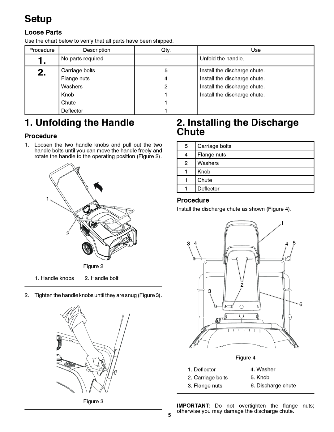 McCulloch 96182000500, MC621 Setup, Unfolding the Handle, Installing the Discharge Chute, Loose Parts, Procedure 
