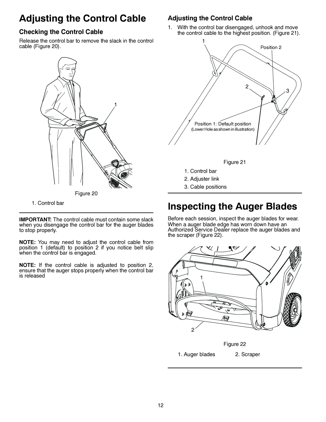 McCulloch MC621, 96182000500 owner manual Adjusting the Control Cable, Inspecting the Auger Blades 