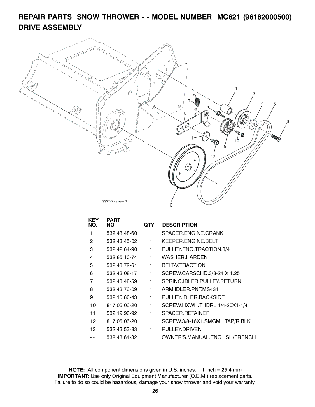 McCulloch MC621 Spacer.Engine.Crank, Keeper.Engine.Belt, PULLEY.ENG.TRACTION.3/4, Washer.Harden, Belt-V.Traction 