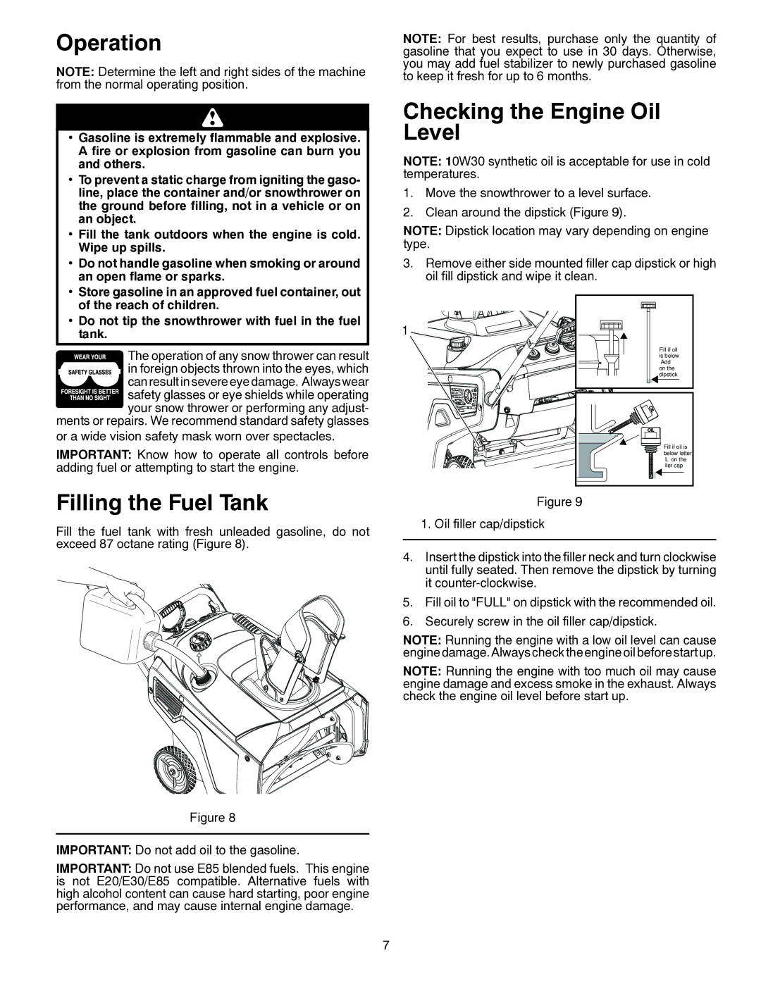 McCulloch 96182000500, MC621 owner manual Operation, Filling the Fuel Tank, Checking the Engine Oil Level 