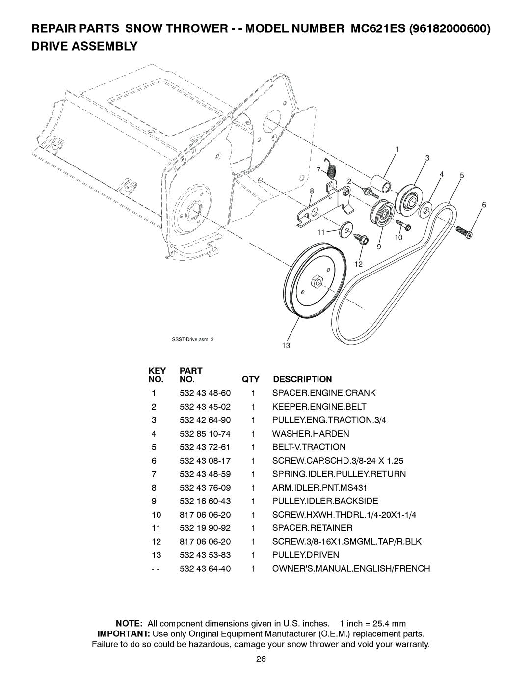 McCulloch MC621ES Spacer.Engine.Crank, Keeper.Engine.Belt, PULLEY.ENG.TRACTION.3/4, Washer.Harden, Belt-V.Traction 