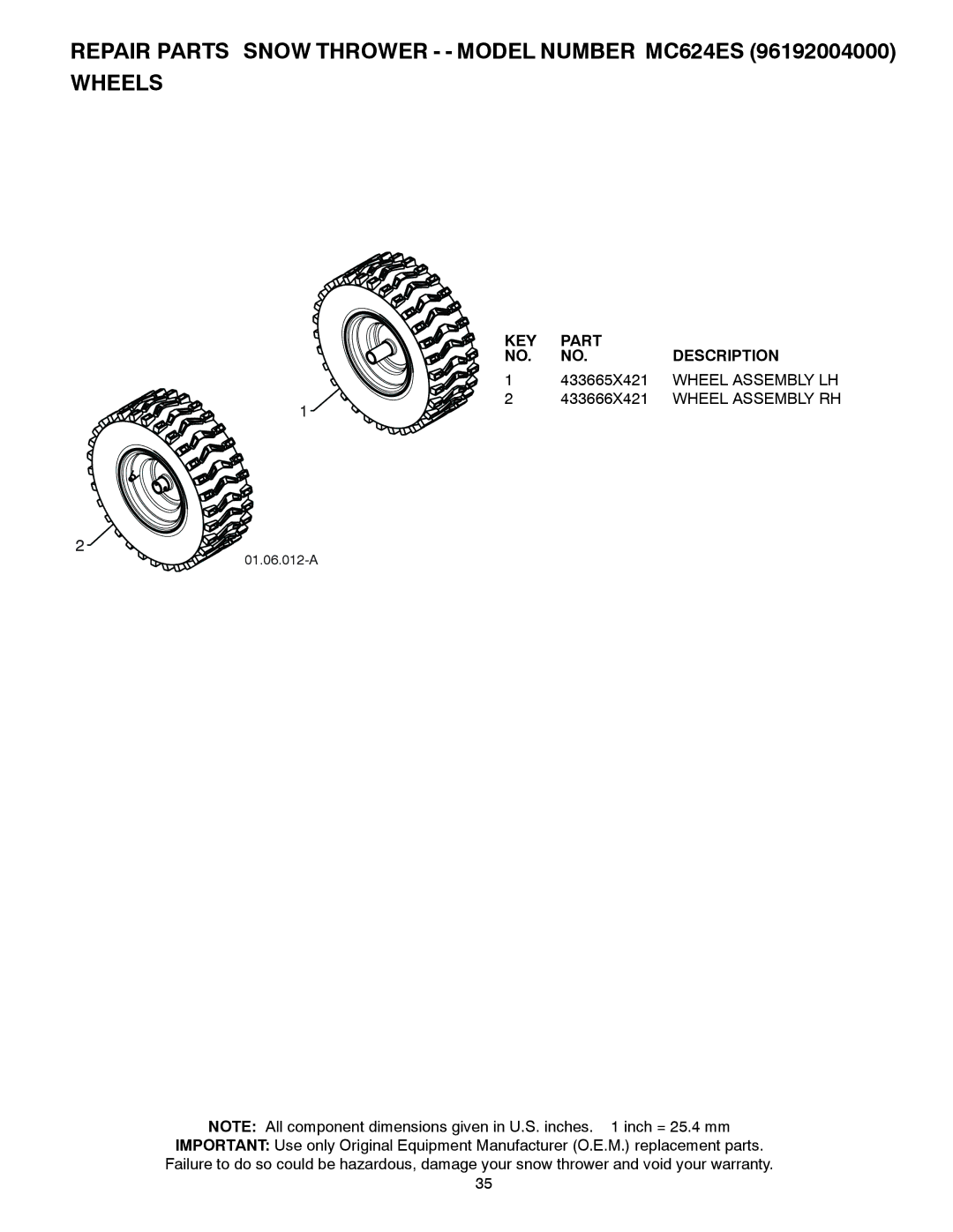 McCulloch 96192004000, MC624ES owner manual 433665X421, Wheel Assembly LH, 433666X421 