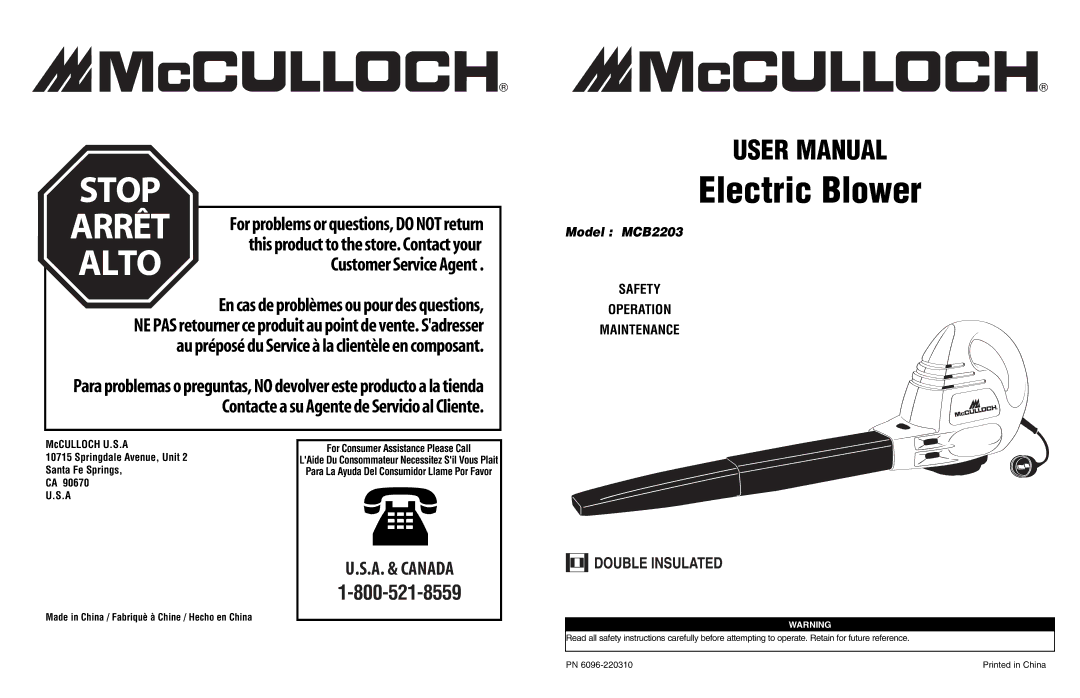 McCulloch user manual Electric Blower, Model MCB2203 