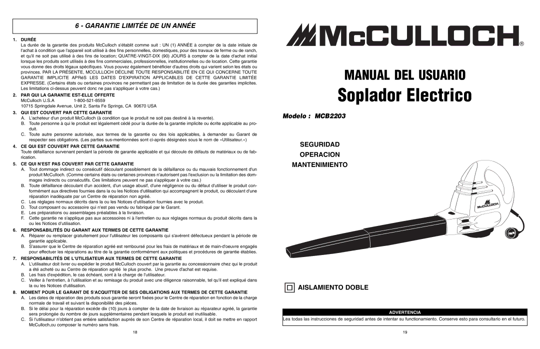 McCulloch user manual Soplador Electrico, Garantie Limitée DE UN Année, Modelo MCB2203 