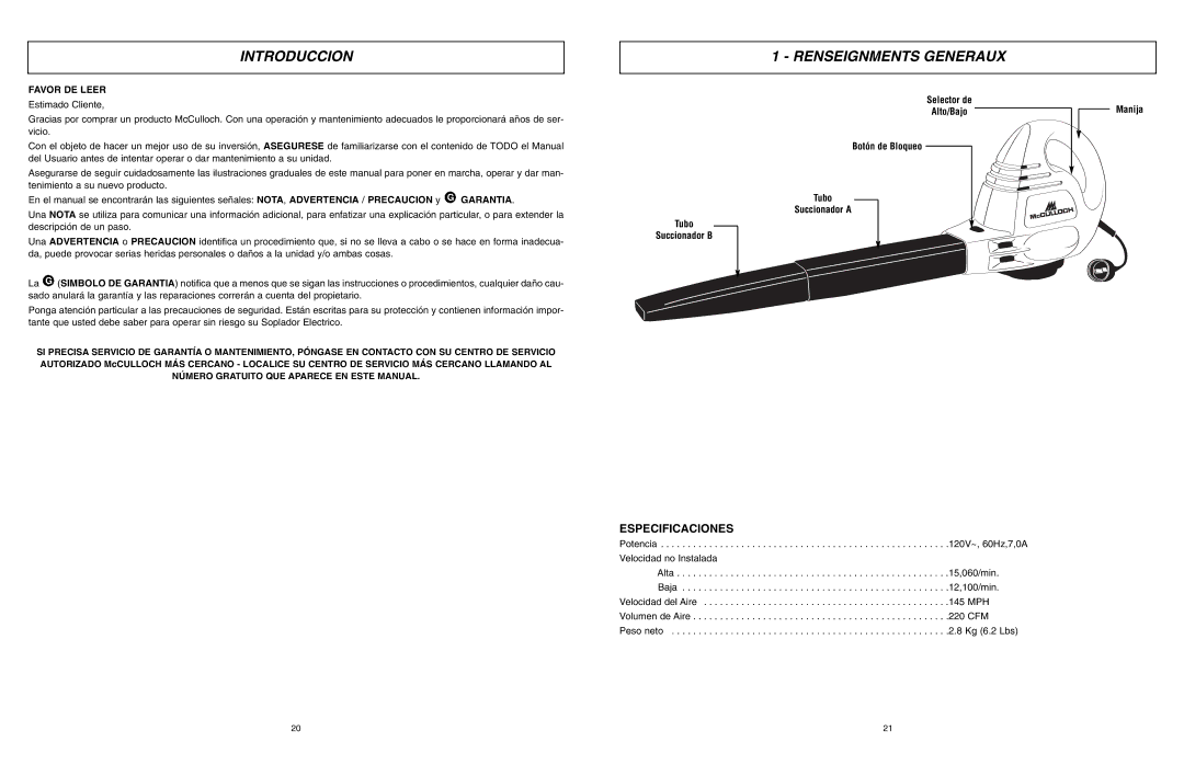 McCulloch MCB2203 user manual Introduccion, Renseignments Generaux, Especificaciones, Favor DE Leer 