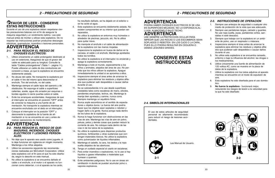 McCulloch MCB2203 user manual Advertencia, Conserve Estas Instrucciones, Precautiones DE Seguridad 