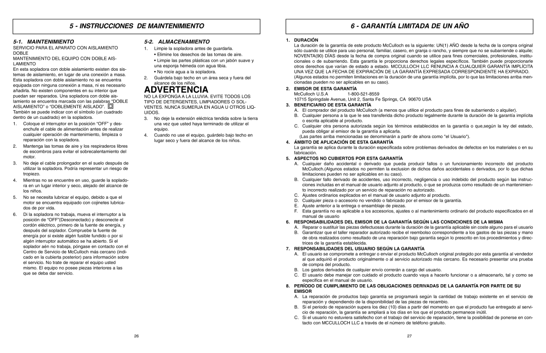 McCulloch MCB2203 user manual Instrucciones DE Maintenimiento Garantía Limitada DE UN AÑO, Almacenamiento 